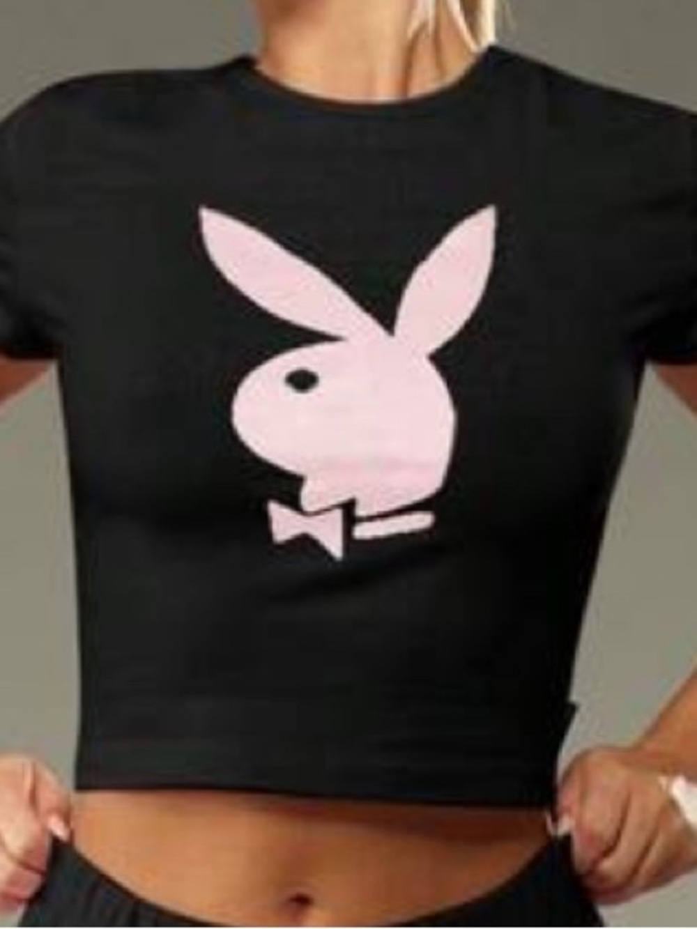 PLAYBOY Black Crop Tee with Pink Bunny Graphic
